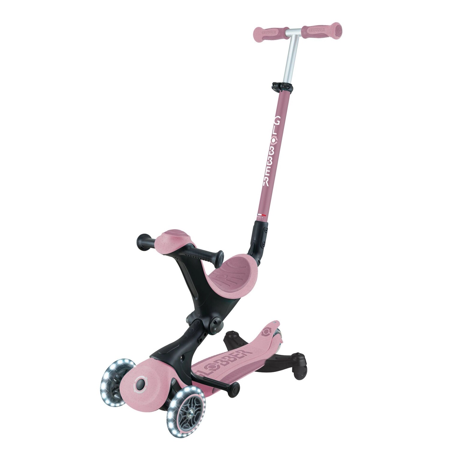 Globber Go-Up Deluxe Lights 360 3 in 1 Aufsitzrad Laufrad Scooter 120/80 mm 3-Rädrig Höhenverstellbar Beere von Globber