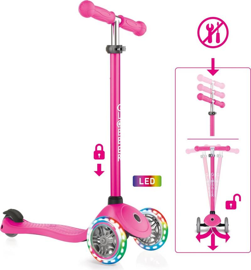 Globber Primo Lights Roller Kinder Scooter Neon Pink Mit Leuchtrollen Scooter  B-Ware von Globber