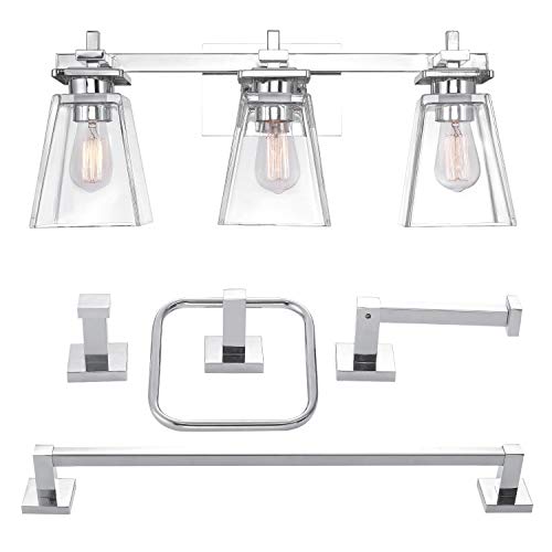 Globe Electric 51413 5-Piece Yorke All-in-One Bathroom Set, 3-Light Vanity Light with Glass Shades, Towel Bar, Towel Ring, Robe Hook, Toilet Paper Holder, Chrome Globe Electric 51413 5-Piece Yorke All-in-One Bathroom Set, 3-Light Vanity Light with Glass Shades, Towel Bar, Towel Ring, Robe Hook, Toilet Paper Holder, Chrome von GLOBE