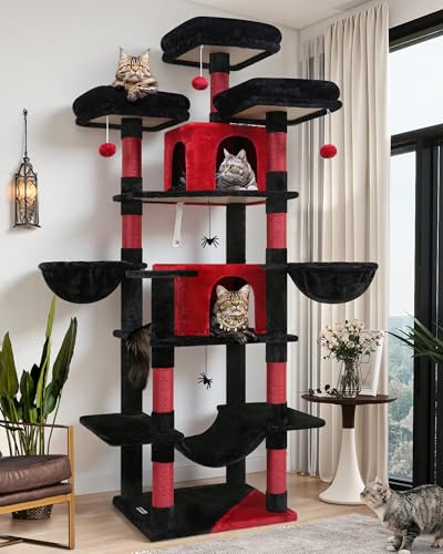 Globlazer Kratzbaum Gotisch Schwarz Rot Große XXL hoch 204 cm mit 3 Gepolsterte Sitzstangen, 2 Katzenhaus, 2 Korb, Hängematte, Luxus Katzenbaum Stabil für Große Katzen Ausruhen Spielen (F80, Gotisch) von Globlazer