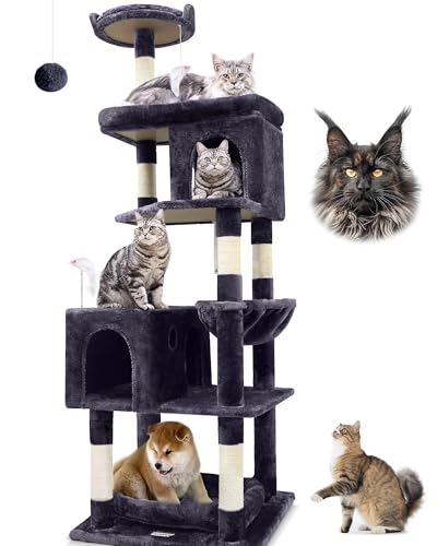 Globlazer Kratzbaum Groß, Katzenbaum für Große Katzen 183 cm hoch mit 2 Katzenhaus, Gepolsterte Plattform, Sitzstangen, Korb, Hundebett, Katzenturm Stabil für Maine Coon bkh Katzen (S72, Dunkelgrau) von Globlazer