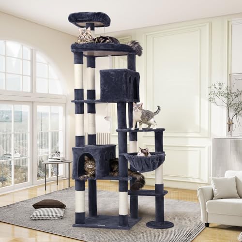 Globlazer Kratzbaum Groß XXL, Katzenbaum Riesig 213 cm hoch mit Luxus Höhlen, Plattform, Gepolsterte Sitzstangen, Liegemulden, Sisal Kratzsäulen, Stabil Katzenturm für Große Katzen (F83, Dunkelgrau) von Globlazer