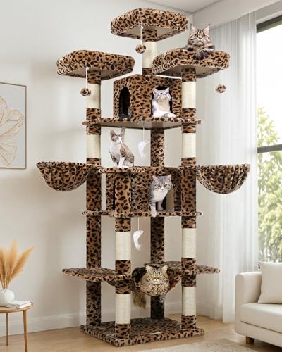 Globlazer Kratzbaum Leoparden Große XXL hoch 204 cm mit 3 Gepolsterte Sitzstangen, 2 Katzenhaus, 2 Korb, Hängematte, Luxus Katzenbaum Stabil für Große Katzen Ausruhen Spielen (F80, Leoparden) von Globlazer