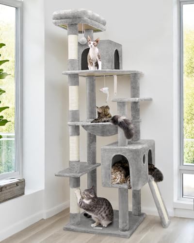 Globlazer Kratzbaum Eck Große hoch 178 cm mit Hängematte Weich Katzenhaus Gepolsterte Sitzstangen Kratzrampe Sisal, Katzenbaum Stabil für Große Katzen Mehrere Erwachsene Innen (F70 Pro, Hellgrau) von Globlazer