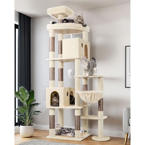 Globlazer Kratzbaum Beige Groß XXL hoch 213 cm mit 2 Große Katzenhaus, Plattform, Sitzstangen, Korb, 9 Sisal Kratzsäulen, Luxus Katzenbaum Stabil über 2 Meter für Mehrere Große Katzen (F83, Beige) von Globlazer