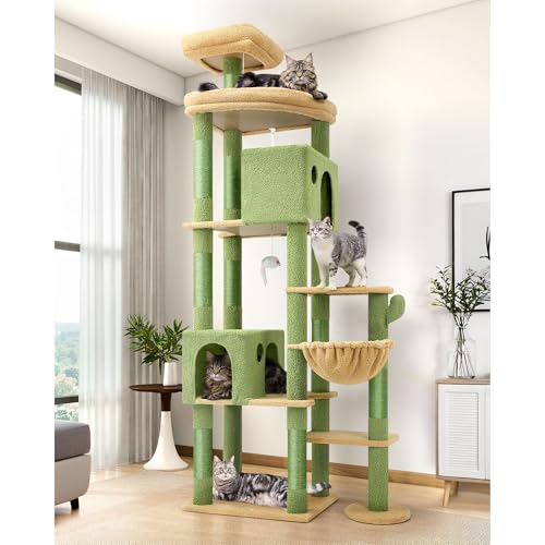 Globlazer Kratzbaum Kaktus Grün Groß XXL hoch 213 cm mit 2 Große Katzenhaus, Plattform, Sitzstangen, Korb, 9 Sisal Kratzsäulen, Luxus Katzenbaum über 2 Meter für Mehrere Große Katzen (F83, Grün) von Globlazer
