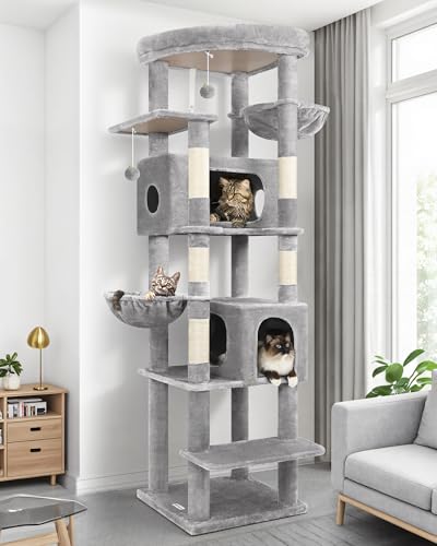 Globlazer Kratzbaum XXL, Katzenbaum hoch 188 cm mit 2 Katzenhaus,2 Katzenkorb, Gepolsterte Plattform, Plüsch Katzenspielzeug, Stabil Katzenturm für Große Katzen Innen (S74, Hellgrau) von Globlazer