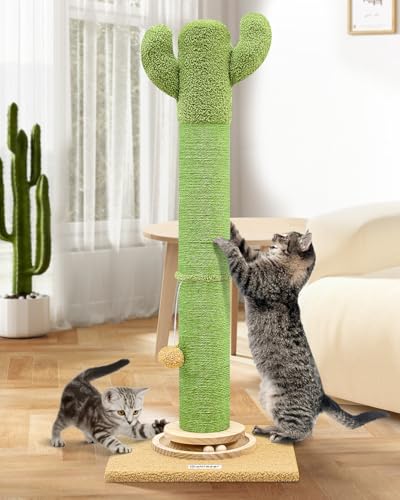 Globlazer Kratzstamm Kaktus Grun XXL hoch 94 cm mit 10cm Dicker Sisal Kratzsäule Holz Trackingball Hängende Plüschbälle, Kratzsäulen Stabil für Große Katzen Kratzen Spielen Innen (SC37, Grun) von Globlazer