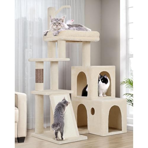 Globlazer Kratzbaum Beige Stabil mit 2 Groß Basis, 2 Katzenhaus 90° Drehbares, Gepolsterte Plattform, Sisal Kratzbrett, Katzenspielzeug, Katzenbaum für Katzchen Große Katzen Senioren (F50, Beige) von Globlazer