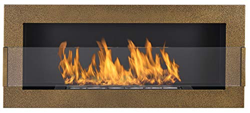 Biokamin Nice-House Gold 90x40cm mit Glasscheibe. 900x400mm antikgoldener Biokamin zum direkten Aufhängen an die Wand oder zur Montage in Einer Wandöffnung. von Globmetal