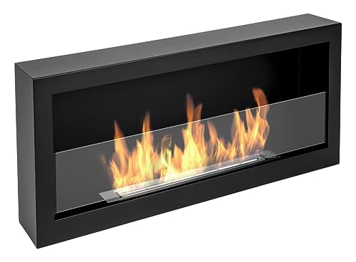 Biokamin S-Line Box 90cm. Bio ethanolkamin 900 mm schwarz matt, wandkamin. An der Wand befestigter Bio Kamin mit aufgebauten Seiten. Wängender bioethanol Kamin mit Glas. von Globmetal