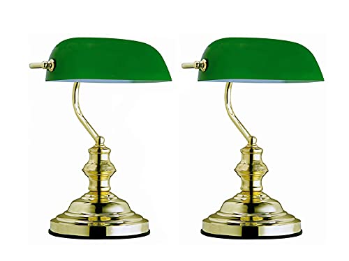 2er Set Retro / Vintage Tischlampe ANTIQUE, Bankerlamp, Messing, Glasschirm grün, Globo Lighting 2491 von Globo