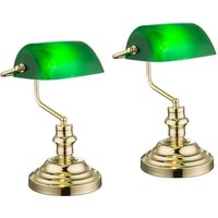 2er Set Retro Vintage Tischlampe antique, Bankerlamp, Messing, Acrylschirm grün von Globo