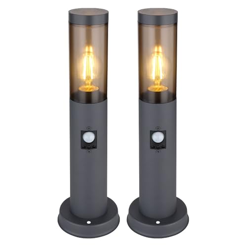 Außenbeleuchtung Standleuchte Sockelleuchte rauch anthrazit Außen mit Bewegungsmelder Garten Stehlampe, Edelstahl Kunststoff, 1x E27, DxH 7,6x45 cm, 2er Set von GLOBO