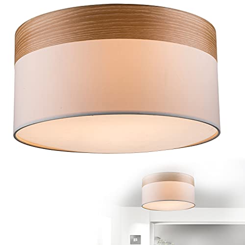 Runde Deckenlampe mit Holz Optik in elegantem Stil - Schlafzimmer - Stoffschirm - Deckenleuchte - Wohnzimmerlampe (Schlafzimmerlampe Holz Optik 40 cm 3xE27) von GLOBO