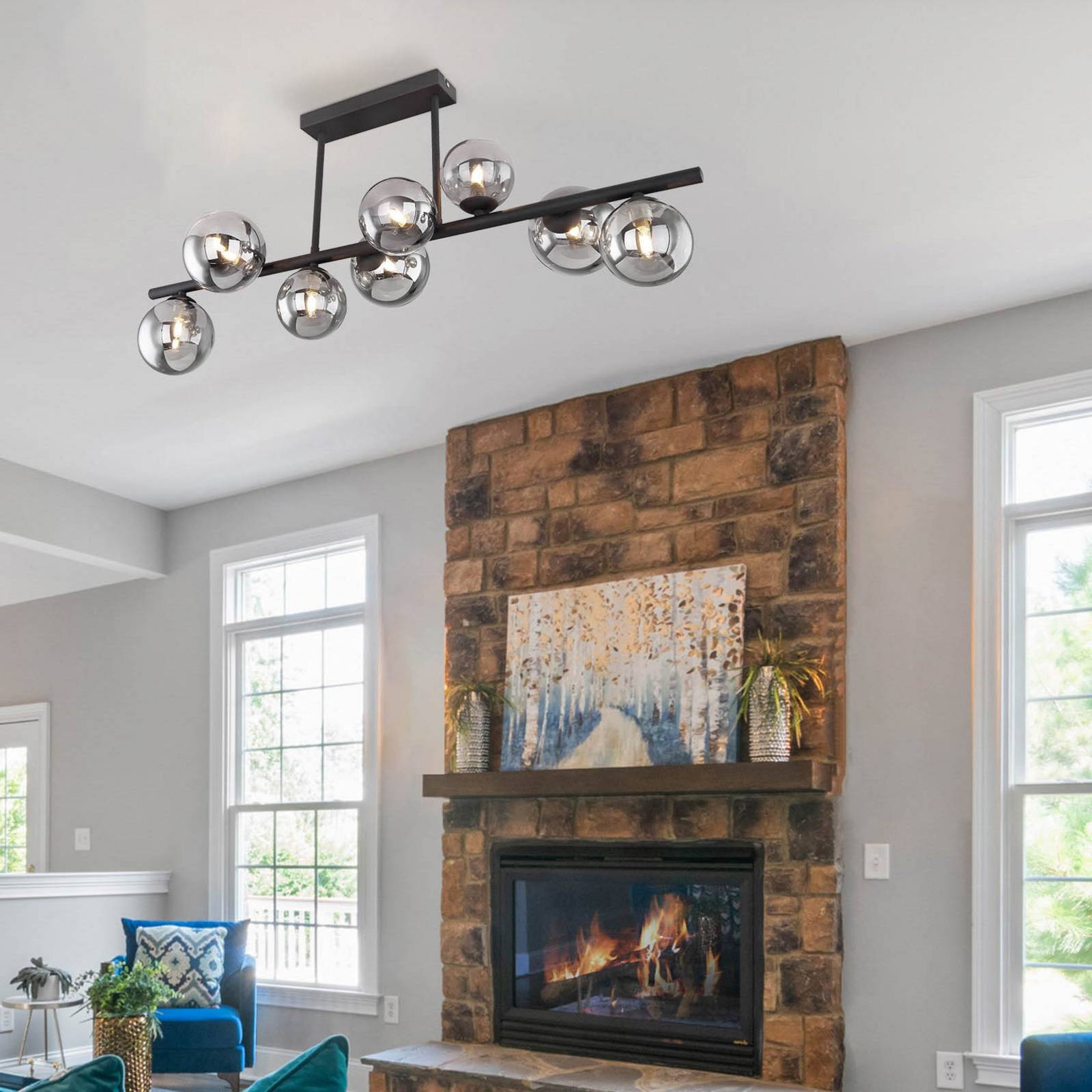 Deckenleuchte Riha, Länge 87 cm, schwarz/rauchfarben, 9-flg. Deckenleuchte Riha, Länge 87 cm, schwarz/rauchfarben, 9-flg. von Globo