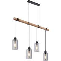 GLOBO Pendelleuchte HADERA 15465-4H1 schwarz natur Metall Holz Rauchglas B/H/T: ca. 98x130x15 cm E27 4 Brennstellen von Globo