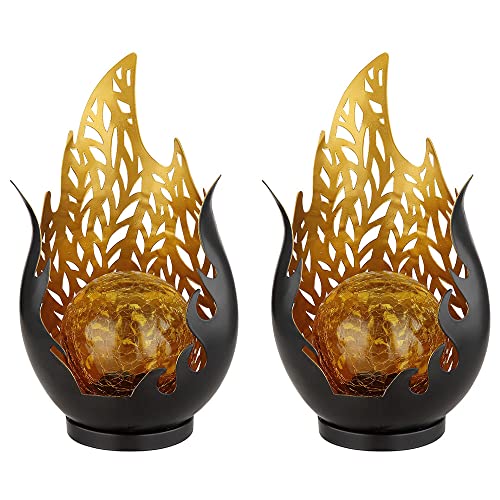 Gartendeko Solarlampen für Außen Outdoor Balkon Deko schwarz gold Flammenoptik Glaskugel, IP44 Akku Metall, 1x LED, LxBxH 16,5x12,5x26,5 cm, 2er Set von GLOBO