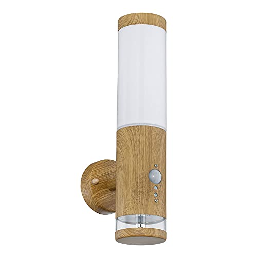 Globo Aussenleuchte Außenlampe Bewegungsmelder Edelstahl mit Bewegungsmelder Wandlampe Aussen Edelstahl, Holz Optik mit Deko LED, 1x E27, BxH 8,5 x 35 cm von Globo