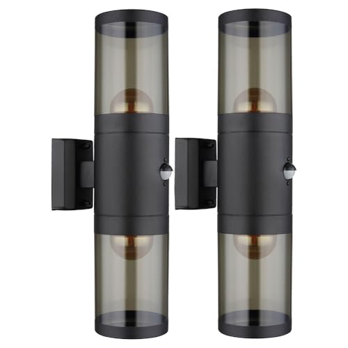 GLOBO Außenleuchte Wandlampe mit Bewegungsmelder Gartenleuchte Fassadenleuchte, Up and Down Strahler, Edelstahl, schwarz rauch, 2x E27, DxH 10,2x42 cm, 2er Set von GLOBO