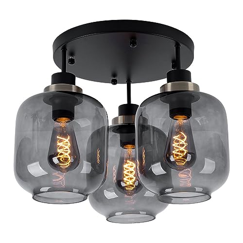 GLOBO Deckenlampe Deckenleuchte Esstisch schwarz Flurlampe Designlampe 3-flammig Glas Schirm rauch, Metall matt, 3x E27 Fassung, DxH 45x33 cm von GLOBO