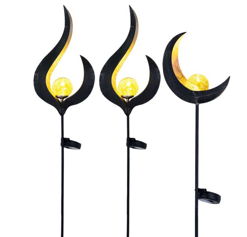 GLOBO LIGHTING Gartenleuchte, LED-Leuchtmittel fest verbaut, 3er Set LED Solar Garten Steckleuchte 2x Flammen 1x Halbmond Design von GLOBO LIGHTING