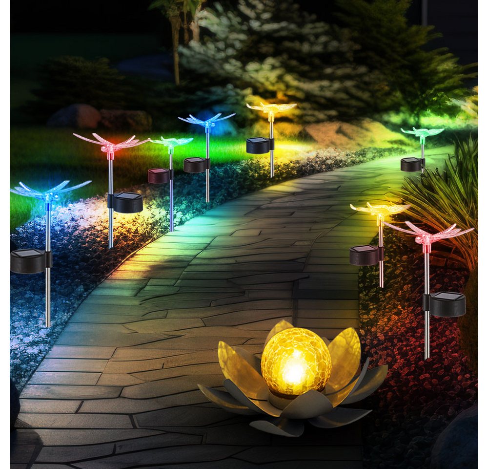 Globo Gartenleuchte, LED-Leuchtmittel fest verbaut, 9x LED Solar Lampen Lotoblume Außen Steck Leuchten Libelle von Globo
