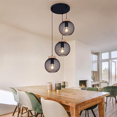 Globo Hängeleuchte Pendelleuchte Deckenlampe hängend Vintage schwarz Metall Industrial, 3 flammig, Holz braun, 3x E27 Fassungen, DxH 44x120cm von Globo