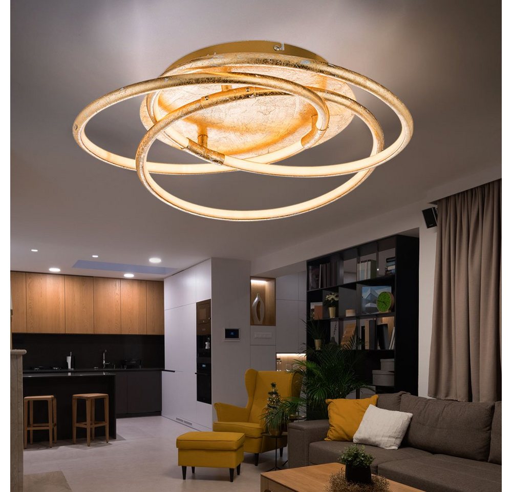 Globo LED Deckenleuchte, LED-Leuchtmittel fest verbaut, Warmweiß, Deckenleuchte Designleuchte Wohnzimmerlampe LED Ringe gold satiniert von Globo