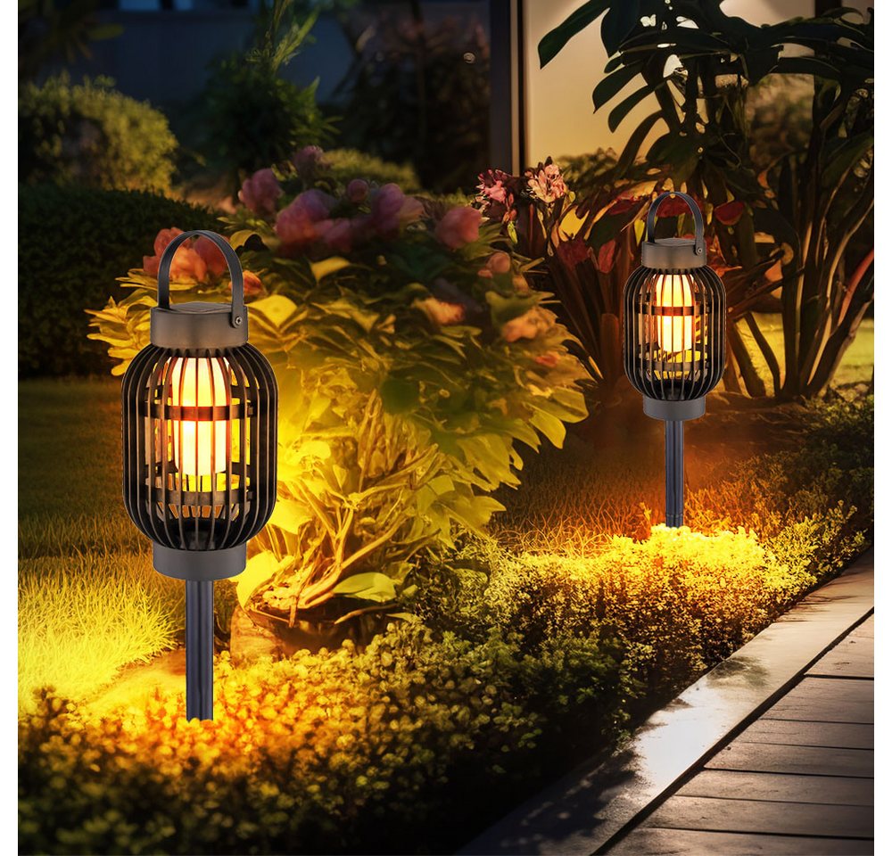 Globo LED Gartenleuchte, LED-Leuchtmittel fest verbaut, Warmweiß, 2x LED Solar Lampe Garten Deko Feuer Effekt Steck Steh Strahler Balkon von Globo