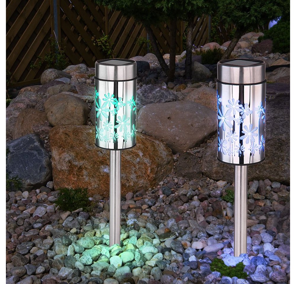 Globo LED Gartenleuchte, LED-Leuchtmittel fest verbaut, Warmweiß, Farbwechsel, Solarlampe Gartendeko Außenlampe RGB LED Gartenlampe Blumen 2er Set von Globo