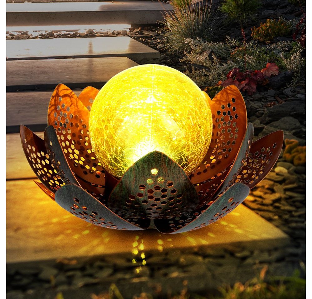 Globo LED Solarleuchte, LED-Leuchtmittel fest verbaut, Kaltweiß, LED Solar Lotus Blume Deko Lampe Kugel Crackle-Glas Außen von Globo