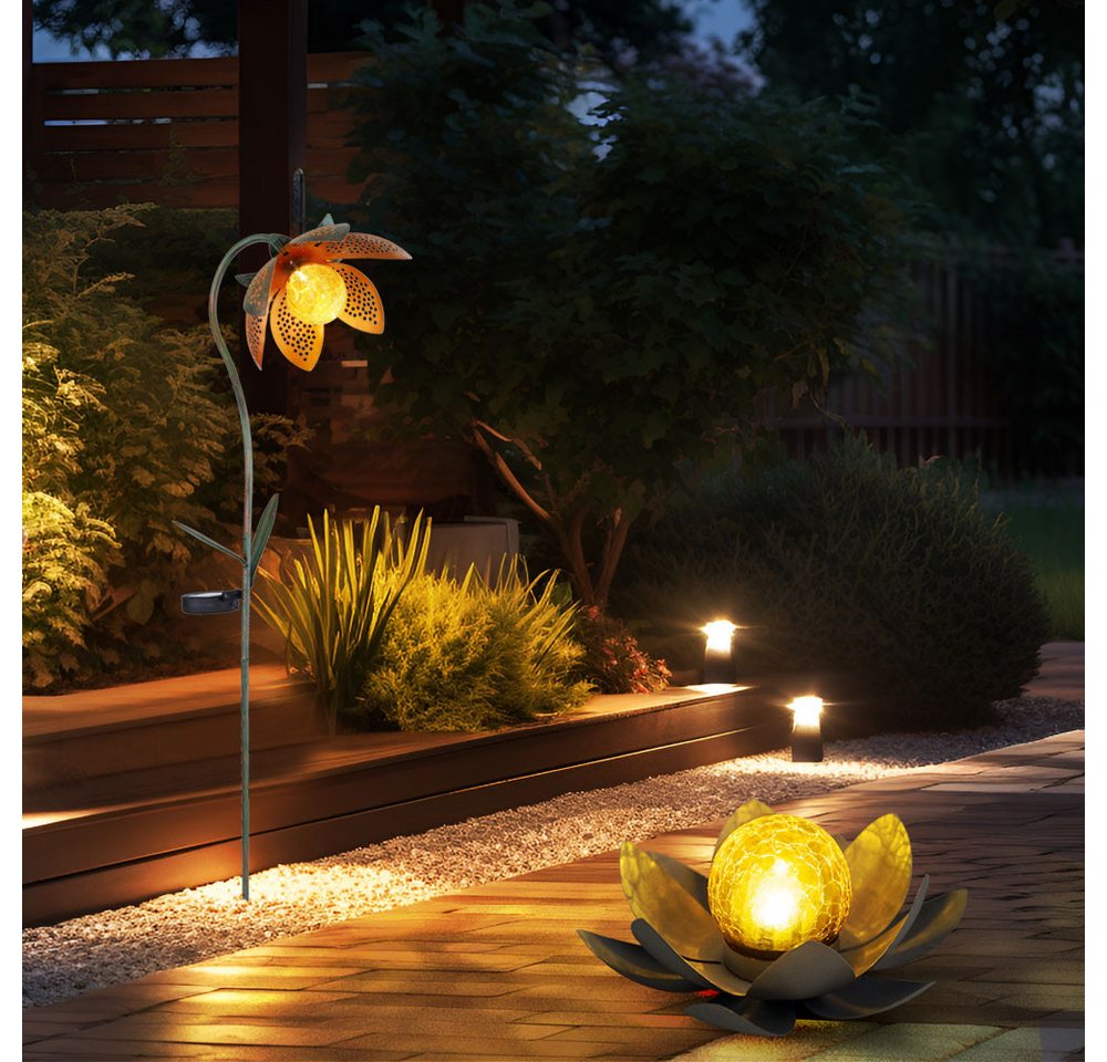 Globo LED Solarleuchte, LED-Leuchtmittel fest verbaut, Kaltweiß, Solardeko Außenlampe Blume Lotusblüte Erdspieß Gartenlampe 2er Set von Globo