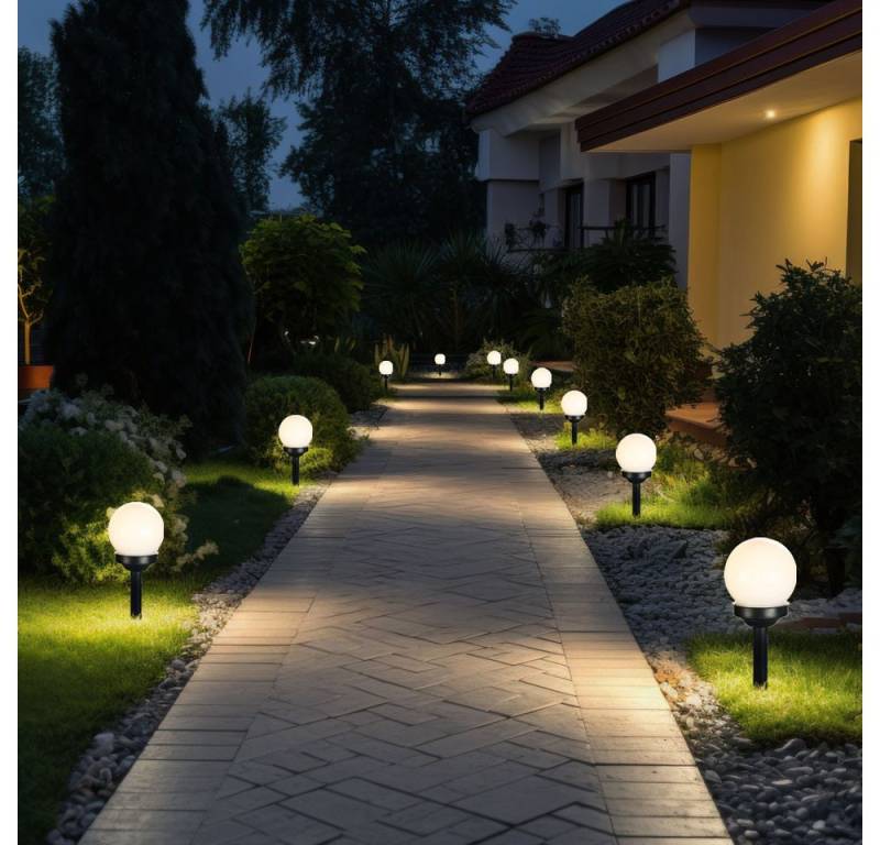 Globo LED Solarleuchte, LED-Leuchtmittel fest verbaut, Warmweiß, Solarleuchte Stecklampe Kugelleuchte LED Erdspieß weiß Gartendeko 10x von Globo