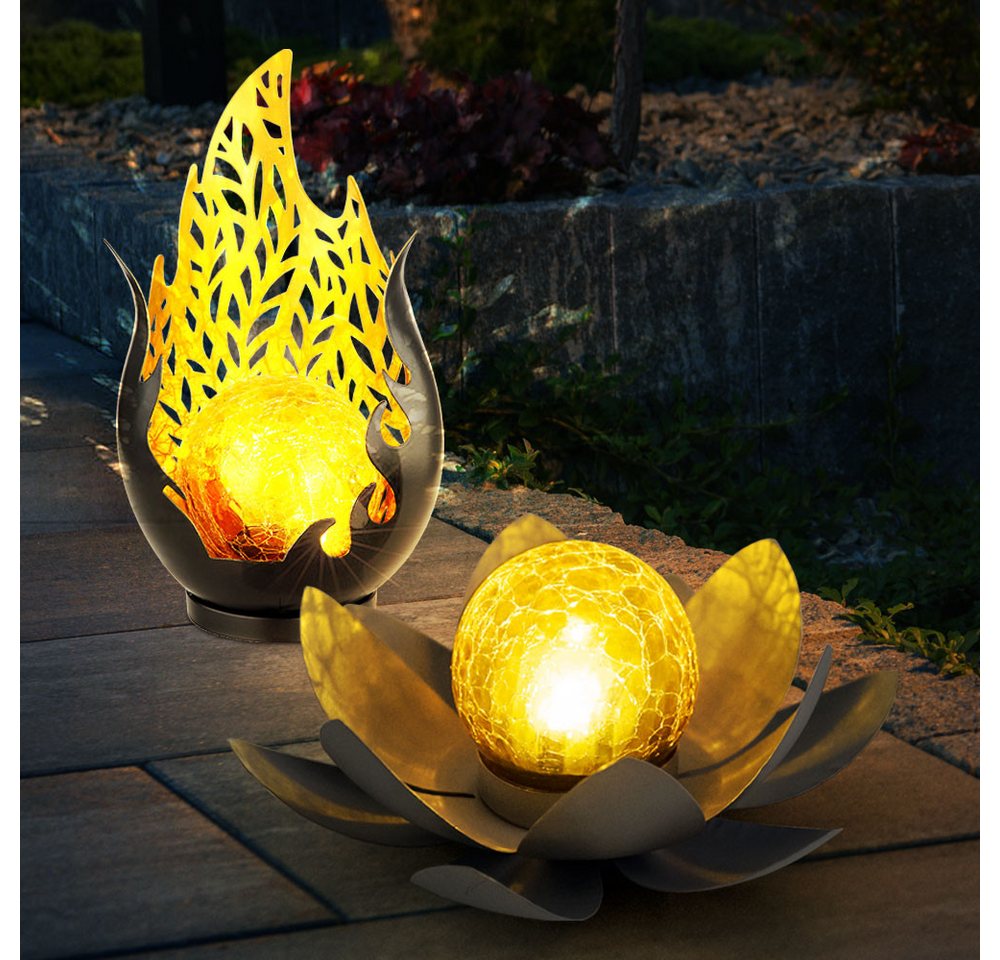 Globo LED Solarleuchte, Leuchtmittel inklusive, Warmweiß, Solarlampe Außenlampe Gartenlampe LED Lotusblüte Flammenoptik 2er Set von Globo