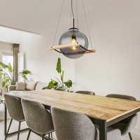 Pendellampe Hängelampe Hängeleuchte Esstischlampe Höhenverstellbar Rauchglas Metall schwarz Holz natur, 1x E27 Fassung, LxBxH 33,5x35x120cm von Globo