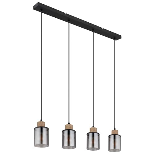 GLOBO Pendellampe schwarz Esstischleuchte 4 flammig Rauchglas Hängeleuchte, Metall schwarz matt, Holz, 4x E27, LxBxH 78x10x120 cm von GLOBO