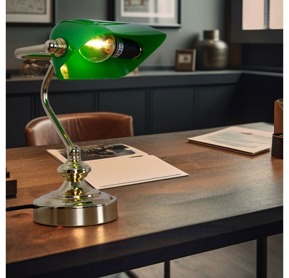 Globo Schreibtischlampe, Leuchtmittel nicht inklusive, Tischleuchte beweglich Bankerleuchte Messing grün E14 von Globo