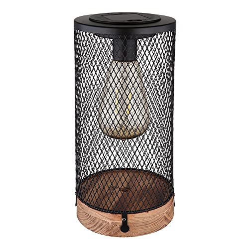 Globo Solarlampe Tischleuchte Außen LED Gartendeko Holz, Metallgitter schwarz, 3000K warmweiß, DxH 12x25,5 cm von Globo