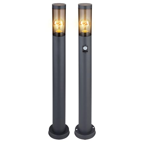 GLOBO Standleuchte Außenbeleuchtung Sockelleuchte rauch anthrazit Außen Stehlampe mit Bewegungsmelder, Edelstahl, 1x E27, DxH 7,6x80 cm, 2er Set von GLOBO