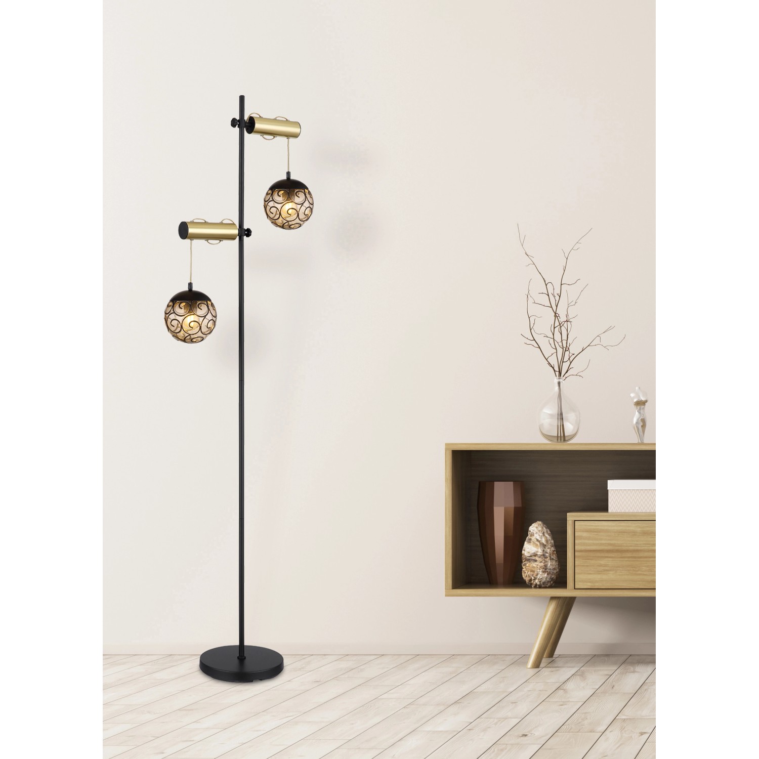 Globo Stehlampe Fitz 2-flammig Schwarz matt-Gold Rauchfarben 510 x 250 x 1680 mm von Globo