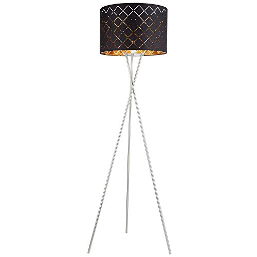GLOBO Stehlampe Textilschirm schwarz gold Beistellleuchte 3 Bein Stativleuchte Textil, Nickel matt, E27 Fassung, DxH 62x158 cm von GLOBO