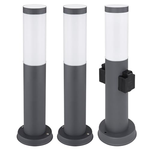 GLOBO Stehlampe dimmbar mit Fernbedienung Außenleuchte mit Steckdose Edelstahl LED Sockellampe Gartenlampe Wegeleuchte, anthrazit, RGB Farbwechsel, 8,5W 806lm warmweiß, DxH 12,7x45 cm, 3er Set von GLOBO
