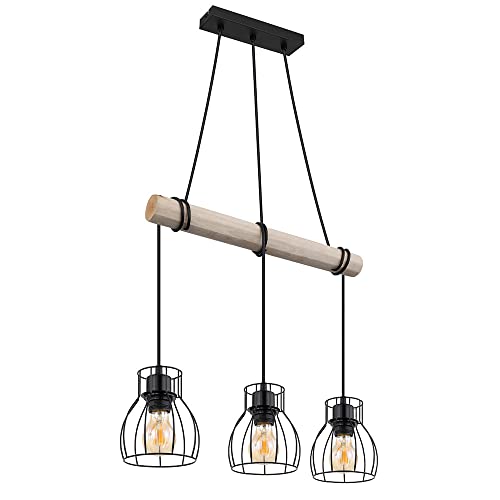 Globo Vintage Pendelleuchte Hängelampe Holz Esstischlampe Retro Hängeleuchte mit Holzbalken, Metall schwarz, 3 x E27 Fassung, LxBxH 50x14x140 cm von Globo