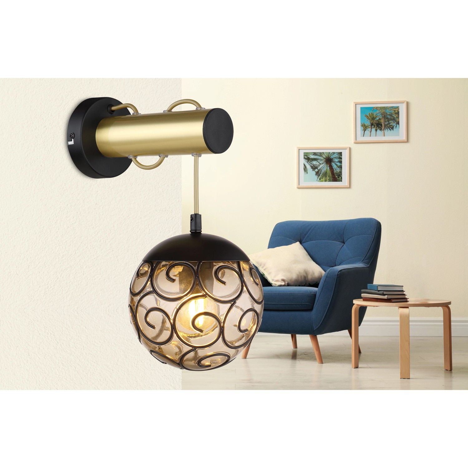 Globo Wandlampe Fitz 1-flammig Schwarz matt-Gold Rauchfarben 150 x 360 mm von Globo