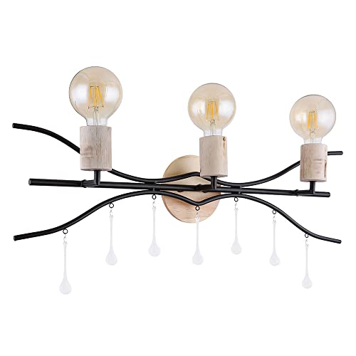 GLOBO Wandleuchte Wohnzimmerleuchte Wandlampe Schlafzimmerlampe Esszimmerleuchte Flurlampe, Metall, Holz Glas satiniert schwarz Natur, 3 Flammig E27, B 76 cm von GLOBO