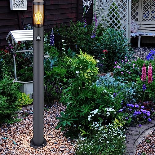 GLOBO Wegeleuchte Bewegungsmelder Pollerleuchte außen Gartenlampen anthrazit IP44, Standleuchte Terrasse Balkon, Edelstahl rauchfarben, 1x E27 Fassung, DxH 12,7x110cm von GLOBO