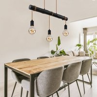 Hängelampe Esstisch Pendelleuchte schwarz Wohnzimmerlampe modern, Holzlampe 3-flammig Seil Höhe anpassbar, Metall, 3x E27 Fassung, LxBxH 60x5x120 cm von Globo