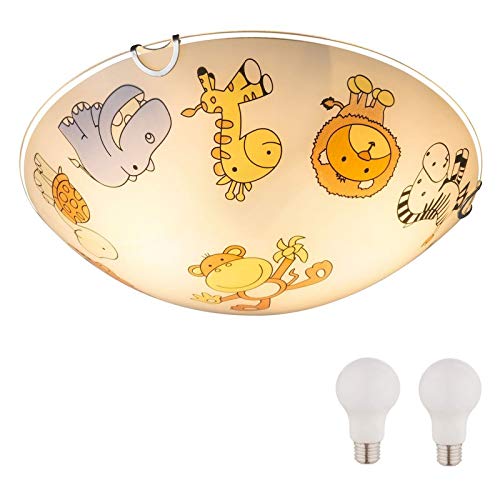 Globo Kinderzimmer Lampen Decke Mädchen Jungen mit LED - Deckenleuchte E27 - Deckenlampe 2 Flammig Weiß Bunt - Kinderzimmerlampe Kinder Tiere - Babyzimmer Lampe Zoo - Rund 30 cm von Globo