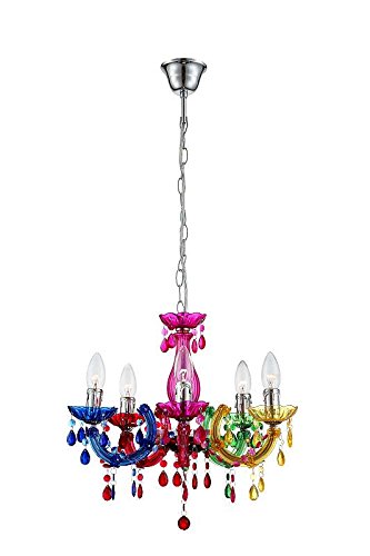 Kronleuchter 5 flammig Esszimmer Lampe Hängeleuchte Hängelampe Pendelleuchte Kristalle bunt (Luster, Pendellampe, Deckenlampe, Deckenleuchte, Esstisch Leuchte, 44 cm, Höhe 128 cm, Fassung 5 x E14) von GLOBO
